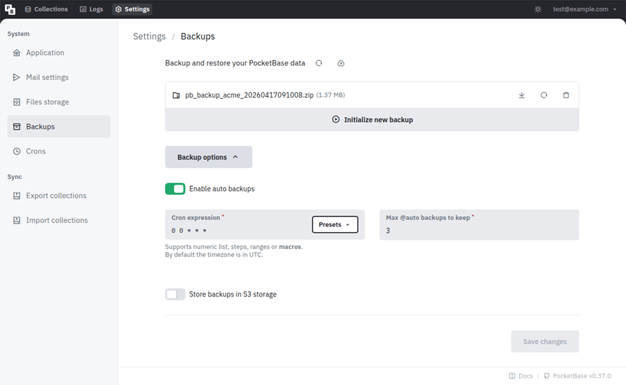 Backups settings screenshot