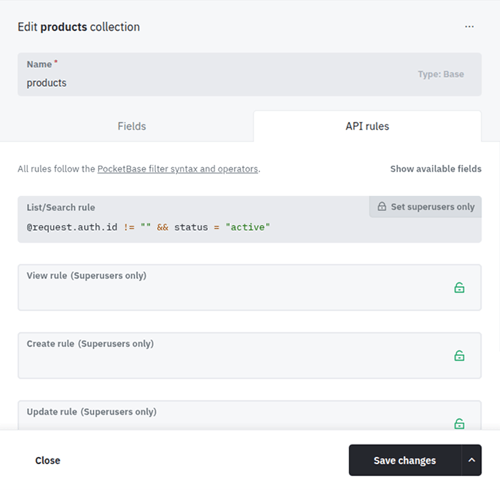 Collection API Rules filters screenshot