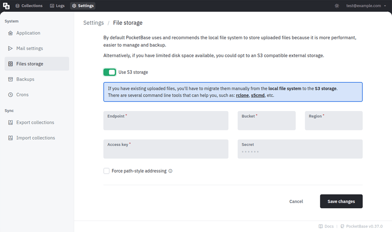Files storage settings screenshot