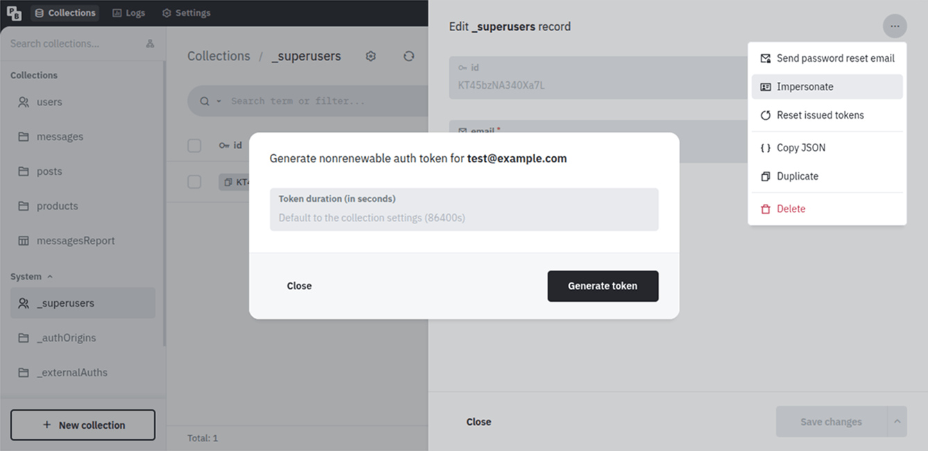 Screenshot of the _superusers impersonate popup
