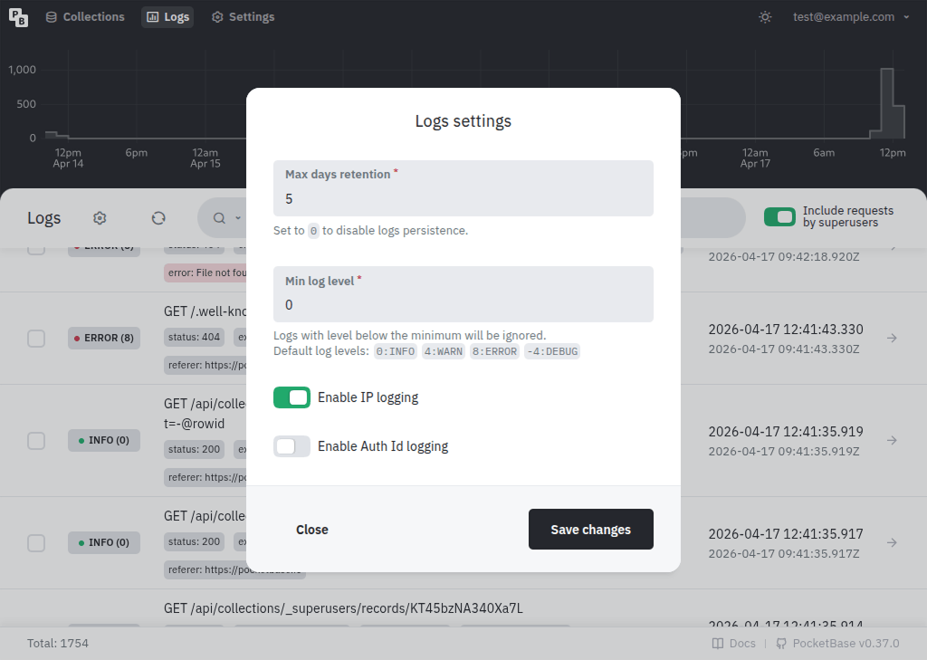 Logs settings screenshot
