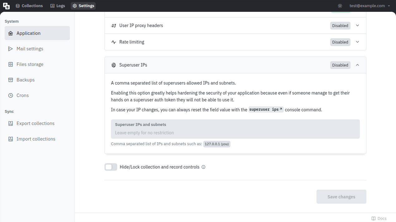 Superusers IPs whitelist screenshot