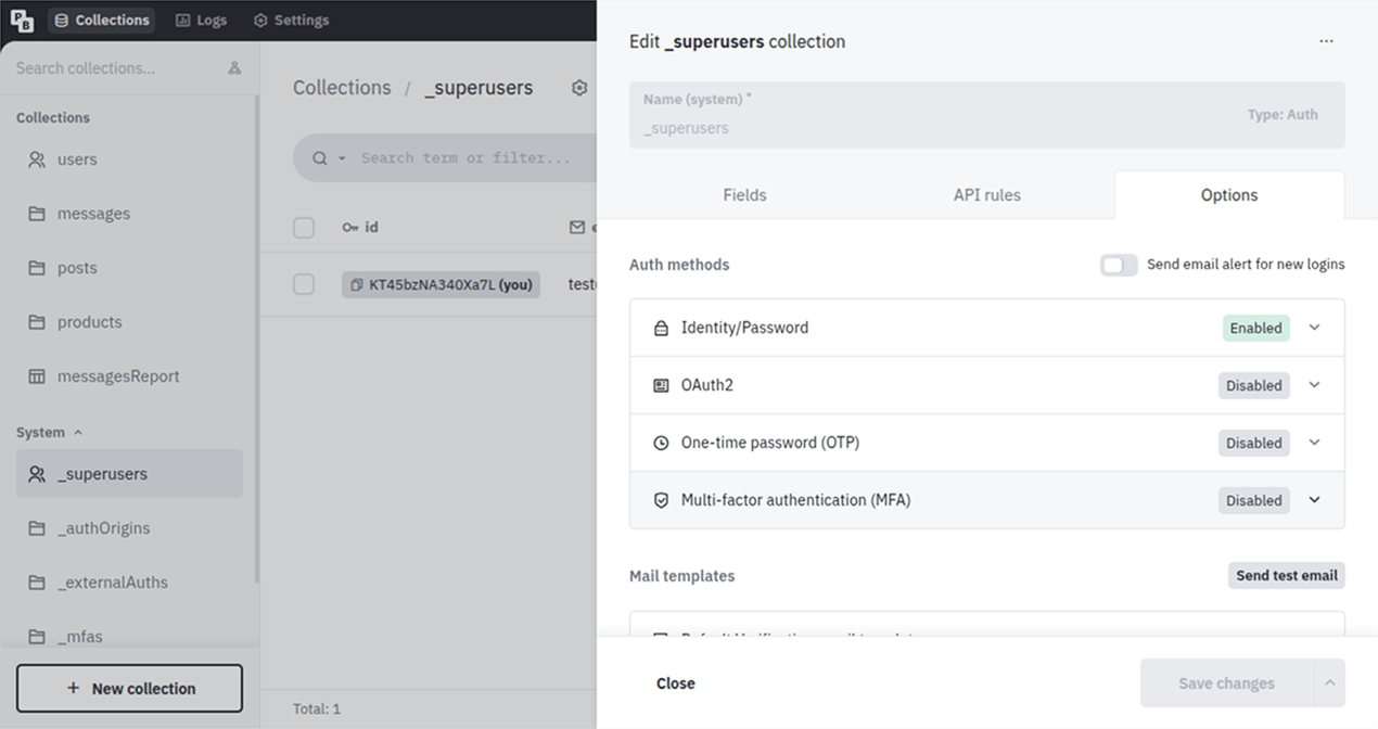Superusers MFA settings screenshot